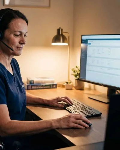 Registered nurse using headset and computer at night to provide nurse triage for health plans members