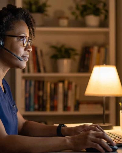 Registered nurse providing on call nursing support to a patient from a professional home office setting at night