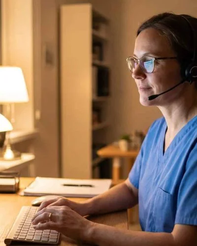 Registered nurse performing telephone triage for pediatric after-hours calls at a softly lit clinical workstation
