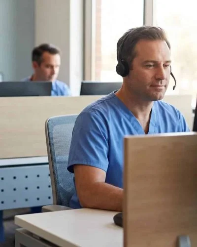 Registered nurse on a headset at a triage call center workstation illustrating what is triage in nursing